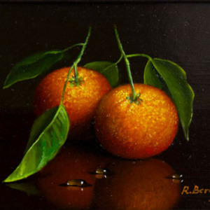 Original oil painting on board featuring a couple of tangerines, oranges or satsumas which still hold their leaves and are joined together by talented artist Ronald Berger