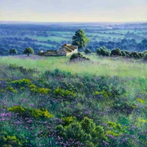 Original oil painting of a hilltop heather field overlooking a valley landscape with a single house by Spanish artist Juan Antonio Domínguez