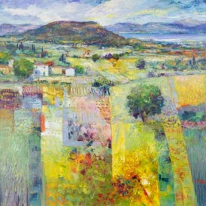 Original oil painting of a psychedelic tuscan landscape featuring mountains lakes and fields captured in vivid colour by Italian artist Mario Malfer