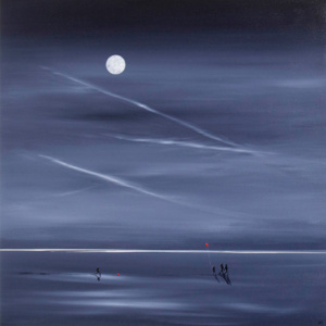 Original acrylic painting on board featuring a family of four playing under the moonlight on what seems an abstract interpretation of a beach. One of the kids is holding a red balloon and the other one is running behind the parents who are holding hands in sign of love by talented artist Jay Nottingham