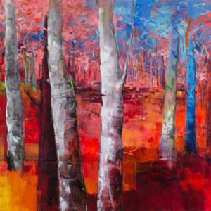 colourful painting of woodland with silver birch trees by italian artist sara malfer