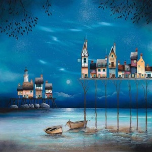 Original acrylic on board painting of a surreal night time coastal landscape featuring a pier with buildings and moored boats. Captured in cold blue tones by British artist Gary Walton